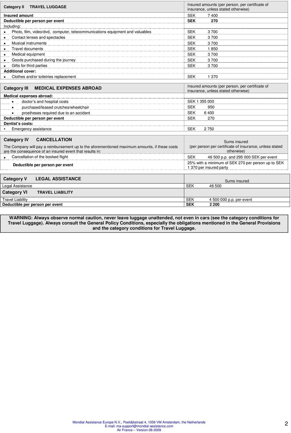 Goods purchased during the journey SEK 3 700 Gifts for third parties SEK 3 700 Additional cover: Clothes and/or toiletries replacement SEK 1 370 Insured amounts (per person, per certificate of