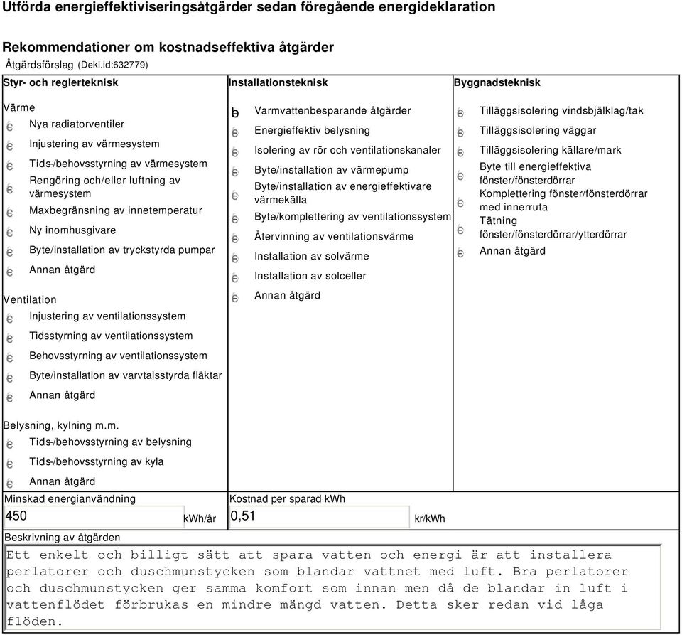värmesystem Maxbegränsning av innetemperatur Ny inomhusgivare Byte/installation av tryckstyrda pumpar Ventilation Injustering av ventilationssystem Tidsstyrning av ventilationssystem Behovsstyrning