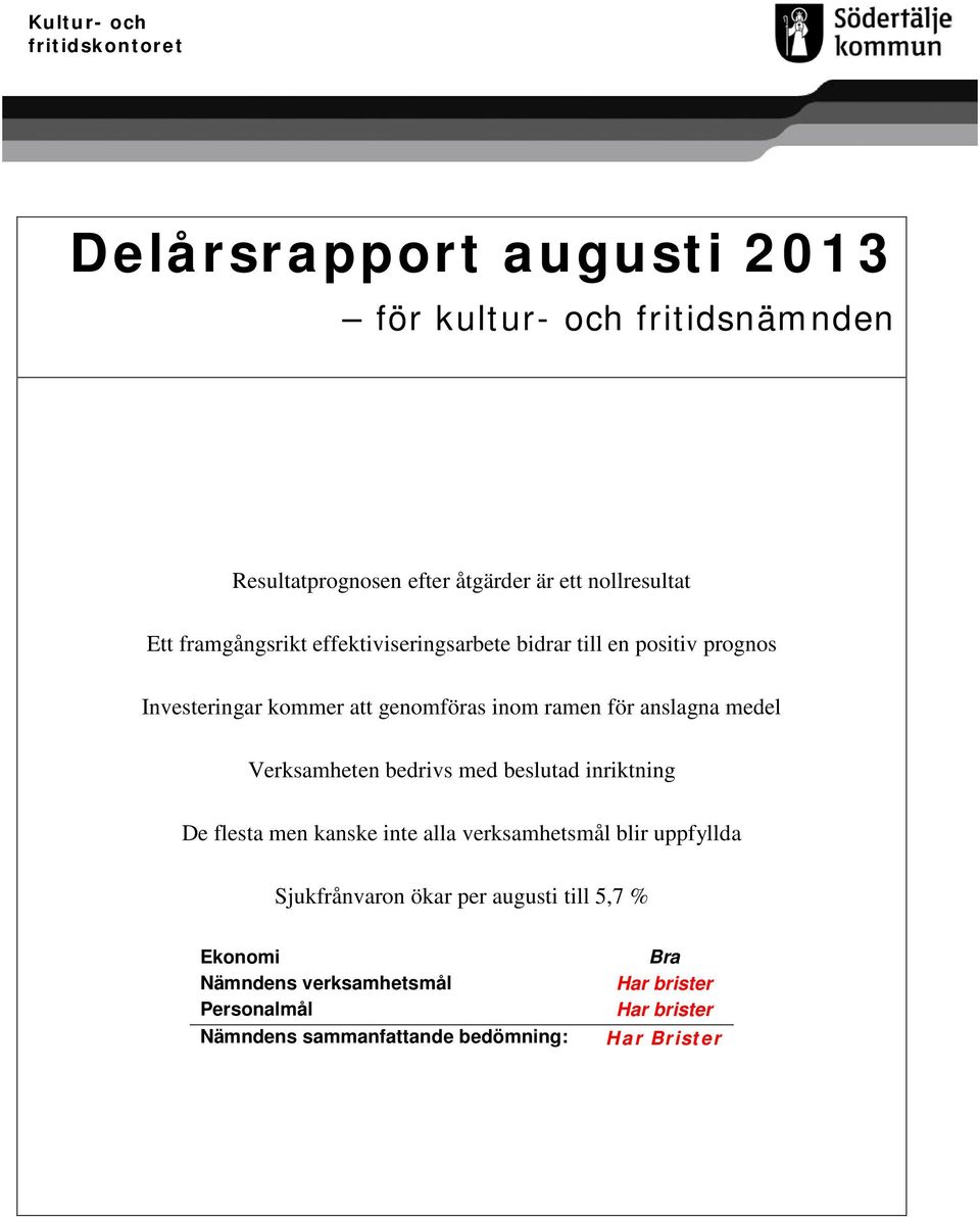 anslagna medel Verksamheten bedrivs med beslutad inriktning De flesta men kanske inte alla verksamhetsmål blir uppfyllda Sjukfrånvaron