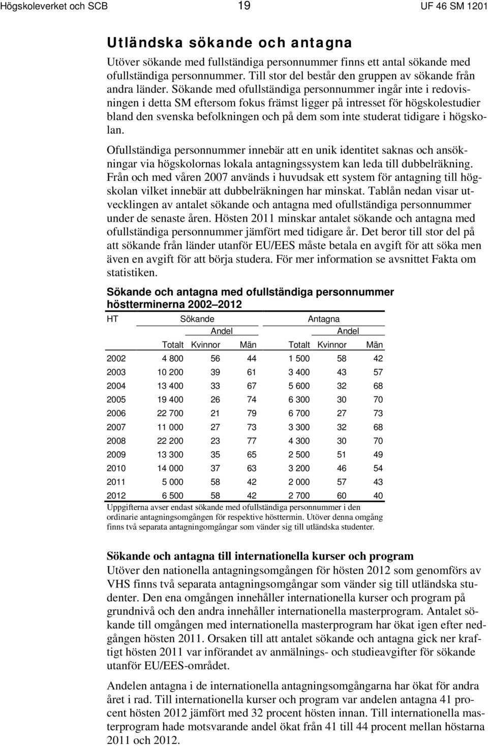 Sökande med ofullständiga personnummer ingår inte i redovisningen i detta SM eftersom fokus främst ligger på intresset för högskolestudier bland den svenska befolkningen och på dem som inte studerat