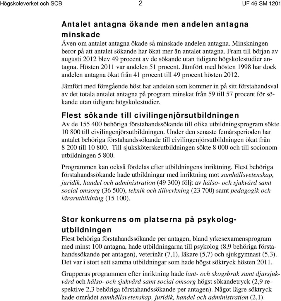 Hösten 2011 var andelen 51 procent. Jämfört med hösten 1998 har dock andelen antagna ökat från 41 procent till 49 procent hösten 2012.