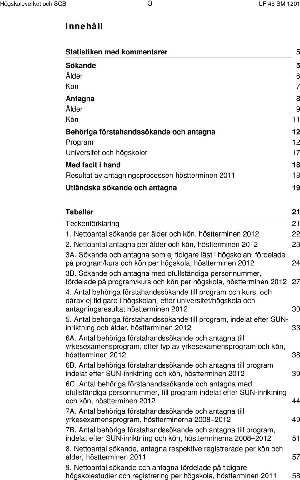 Nettoantal sökande per ålder och kön, höstterminen 2012 22 2. Nettoantal antagna per ålder och kön, höstterminen 2012 23 3A.