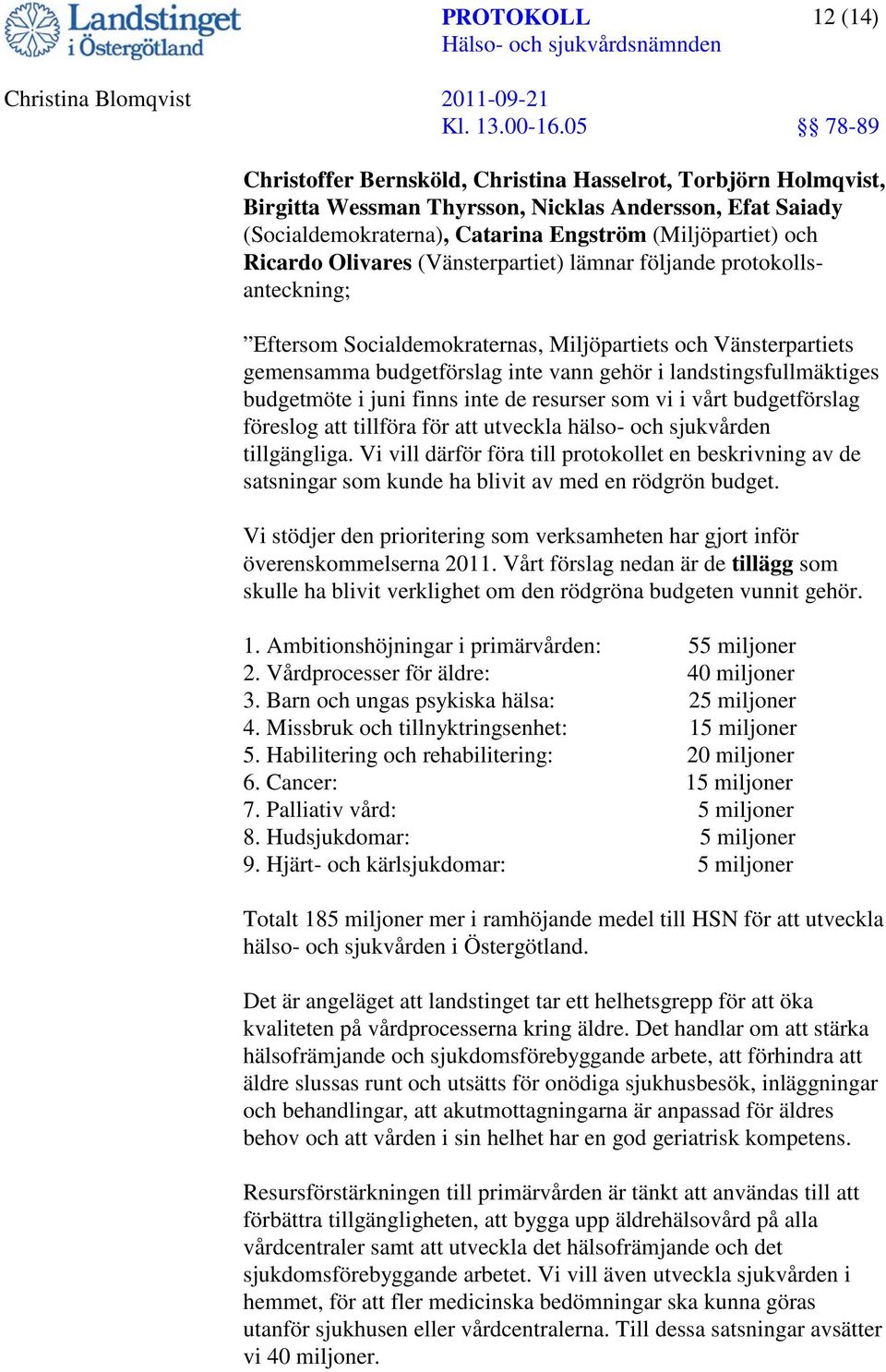 budgetmöte i juni finns inte de resurser som vi i vårt budgetförslag föreslog att tillföra för att utveckla hälso- och sjukvården tillgängliga.