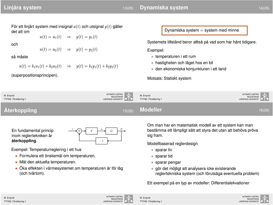 Exempel: emperauren i e rum hasigheen och läge hos en bil den ekonomiska konjunkuren i e land Mosas: Saisk sysem Åerkoppling (26) Modeller 16(26) En fundamenal princip inom reglerekniken är