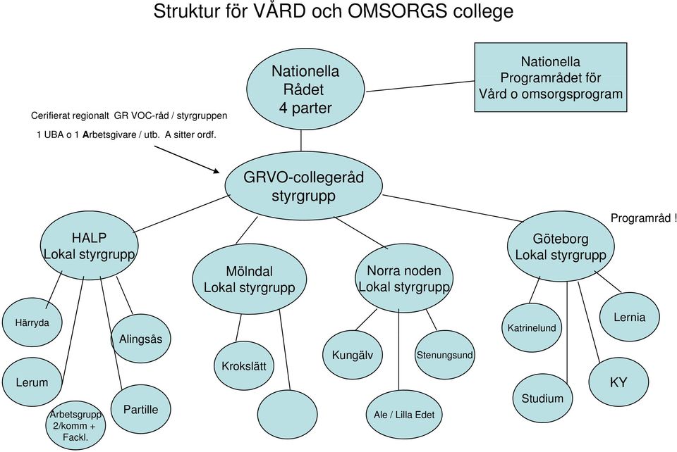 Nationella aoea Rådet 4 parter Nationella Programrådet för Vård o omsorgsprogram HALP Lokal styrgrupp GRVO-collegeråd