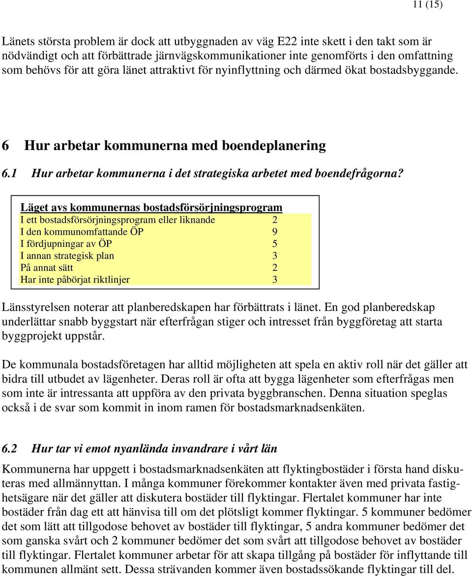 Läget avs kommunernas bostadsförsörjningsprogram I ett bostadsförsörjningsprogram eller liknande 2 I den kommunomfattande ÖP 9 I fördjupningar av ÖP 5 I annan strategisk plan 3 På annat sätt 2 Har