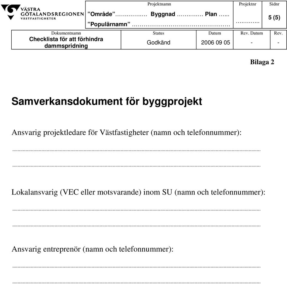 Checklista för att förhindra dammspridning Godkänd 2006 09 05 - - Bilaga 2 Samverkansdokument för