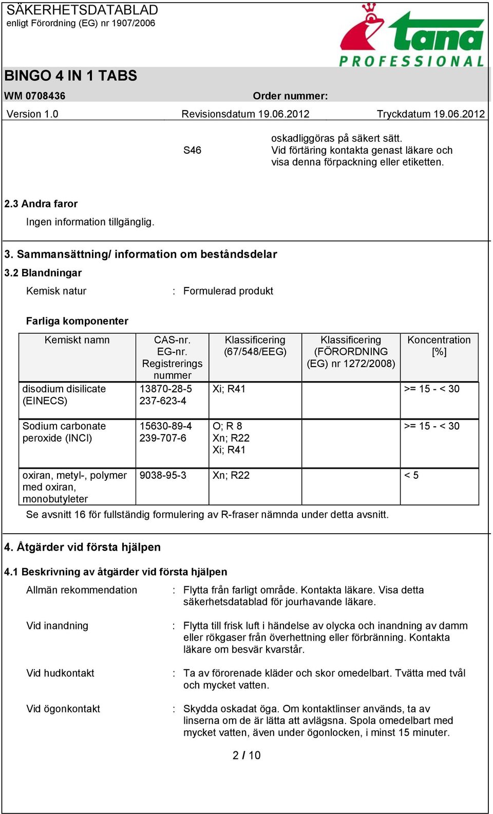 Registrerings nummer 13870-28-5 237-623-4 Klassificering (67/548/EEG) Klassificering (FÖRORDNING (EG) nr 1272/2008) Koncentration [%] Xi; R41 >= 15 - < 30 Sodium carbonate peroxide (INCI) 15630-89-4