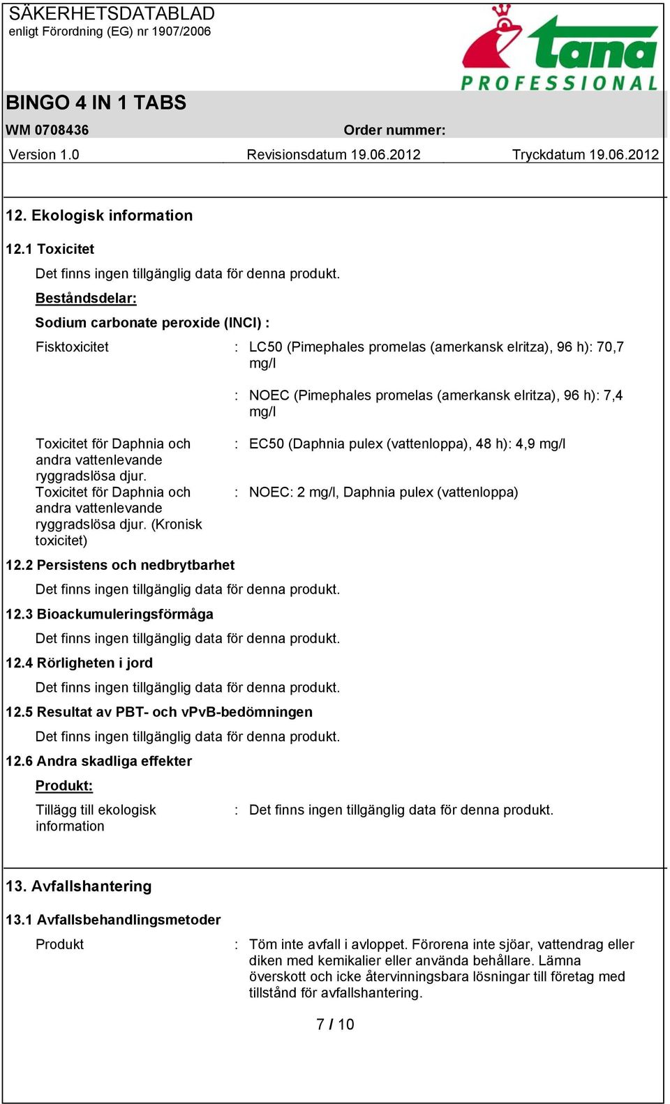 ryggradslösa djur. Toxicitet för Daphnia och andra vattenlevande ryggradslösa djur.