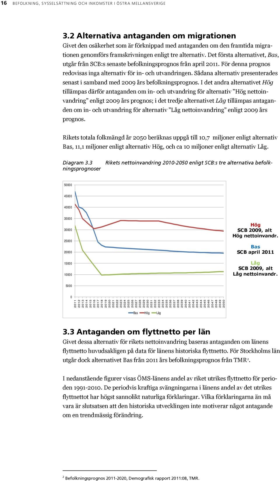 Det första alternativet, Bas, utgår från SCB:s senaste befolkningsprognos från april 2011. För denna prognos redovisas inga alternativ för in- och utvandringen.