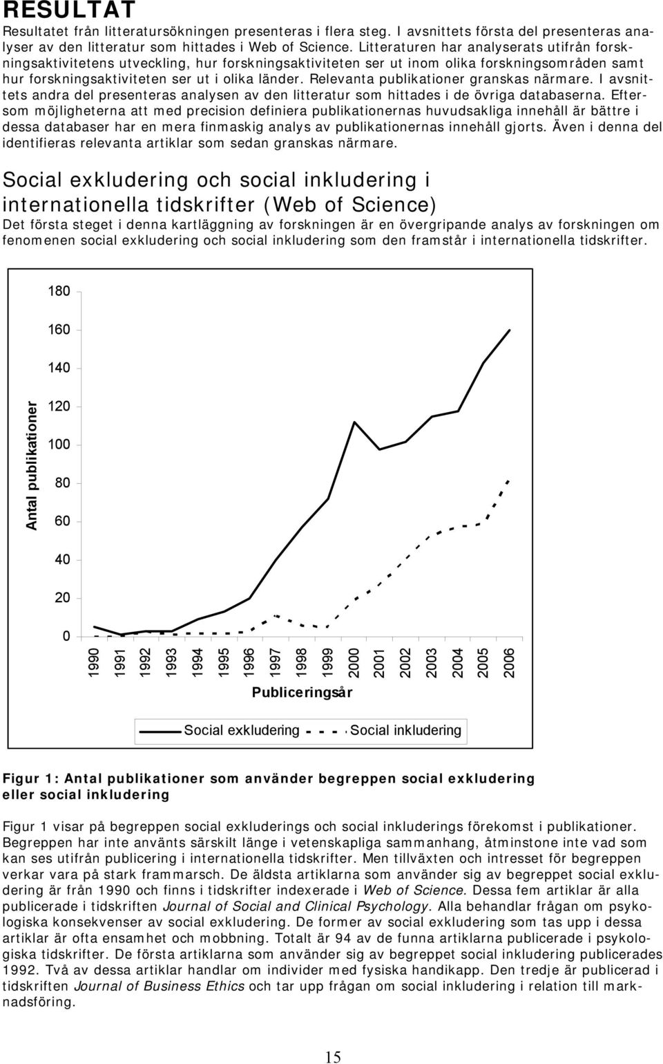 Relevanta publikationer granskas närmare. I avsnittets andra del presenteras analysen av den litteratur som hittades i de övriga databaserna.