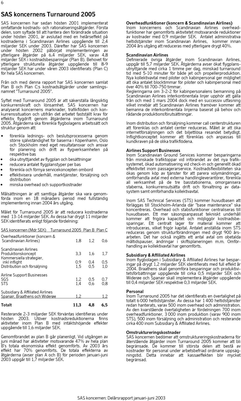 2003. Därefter har SAS koncernen under hösten 2002 påbörjat implementeringen av ytterligare åtgärder på 6,4 miljarder SEK, varav 4,8 miljarder SEK i kostnadsbesparingar (Plan B).