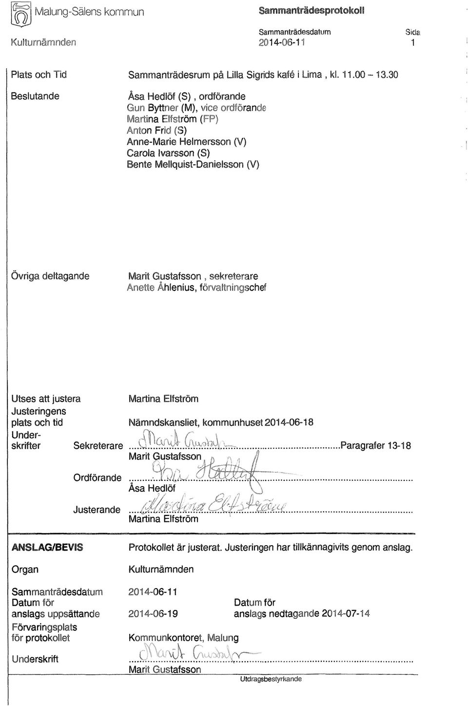 Marit Gustafsson, sekreterare Anette Åhlenius, förvaltningschef Utses att justera Martina Elfström Justeringens plats och tid Nämndskansliet, kommunhuset 2014-06-18 Underskrifter Sekreterare %.