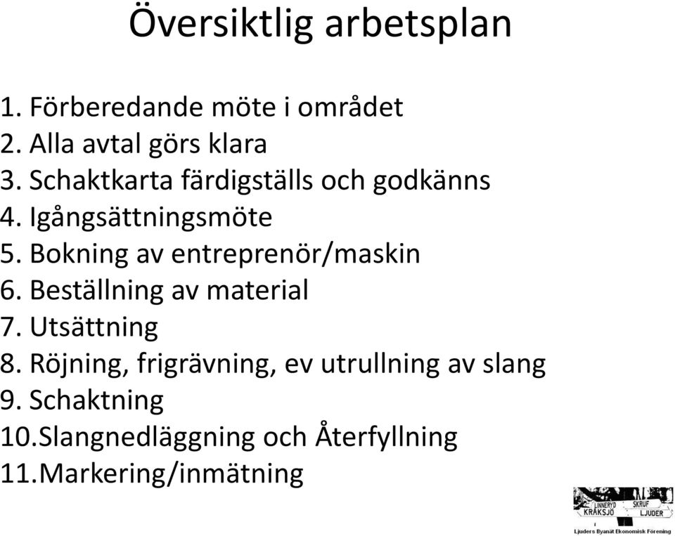 Bokning av entreprenör/maskin 6. Beställning av material 7. Utsättning 8.