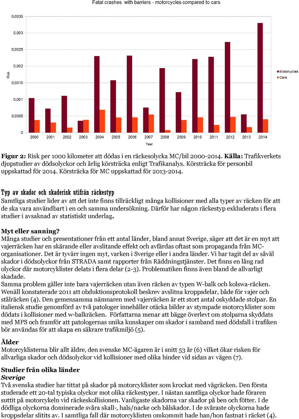 Typ av skador och skaderisk utifrån räckestyp Samtliga studier lider av att det inte finns tillräckligt många kollisioner med alla typer av räcken för att de ska vara användbart i en och samma