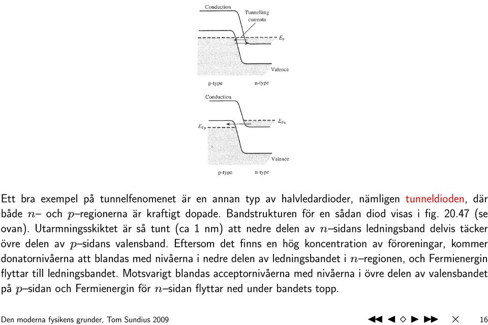 Utarmningsskiktet är så tunt (ca 1 nm) att nedre delen av n sidans ledningsband delvis täcker övre delen av p sidans valensband.