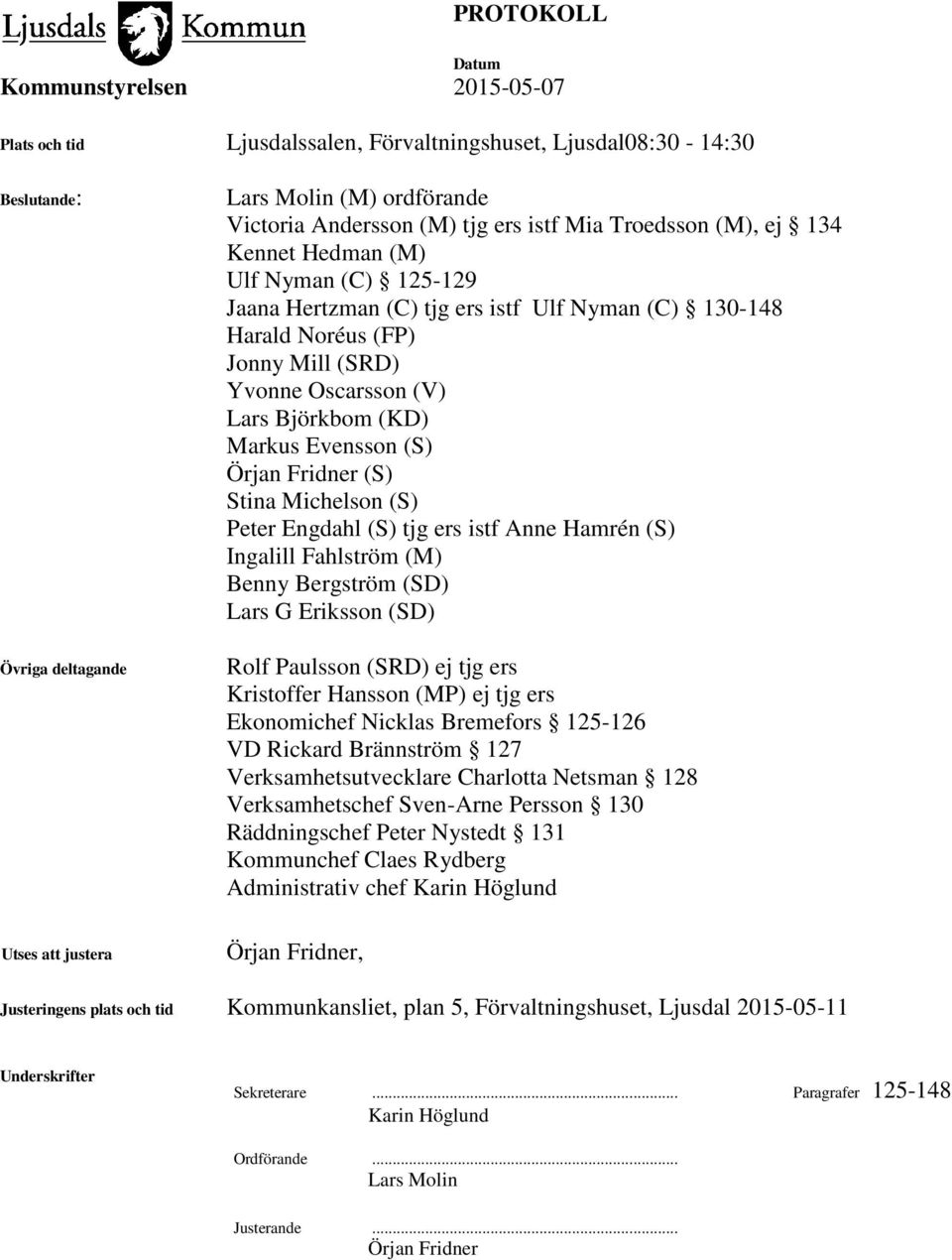 Michelson (S) Peter Engdahl (S) tjg ers istf Anne Hamrén (S) Ingalill Fahlström (M) Benny Bergström (SD) Lars G Eriksson (SD) Rolf Paulsson (SRD) ej tjg ers Kristoffer Hansson (MP) ej tjg ers