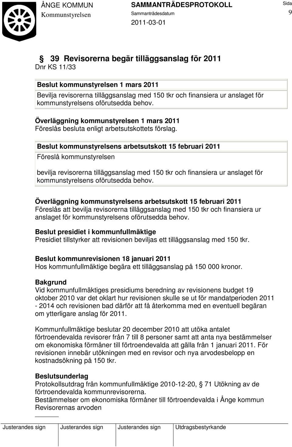 Beslut kommunstyrelsens arbetsutskott 15 februari 2011 Föreslå kommunstyrelsen bevilja revisorerna tilläggsanslag med 150 tkr och finansiera ur anslaget för kommunstyrelsens oförutsedda behov.