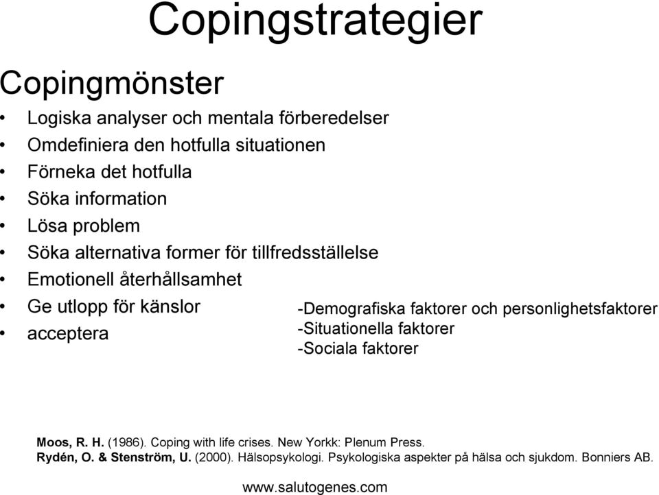 acceptera -Demografiska faktorer och personlighetsfaktorer -Situationella faktorer -Sociala faktorer Moos, R. H. (1986).