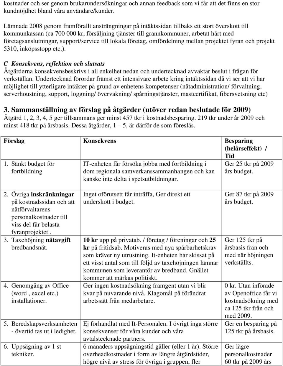 företagsanslutningar, support/service till lokala företag, omfördelning mellan projektet fyran och projekt 5310, inköpsstopp etc.).