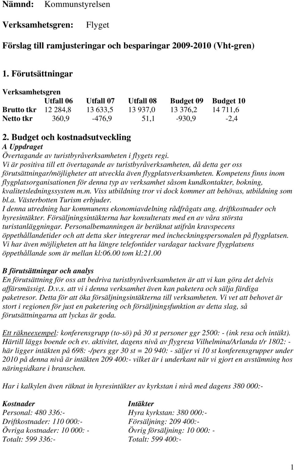 Budget och kostnadsutveckling A Uppdraget Övertagande av turistbyråverksamheten i flygets regi.