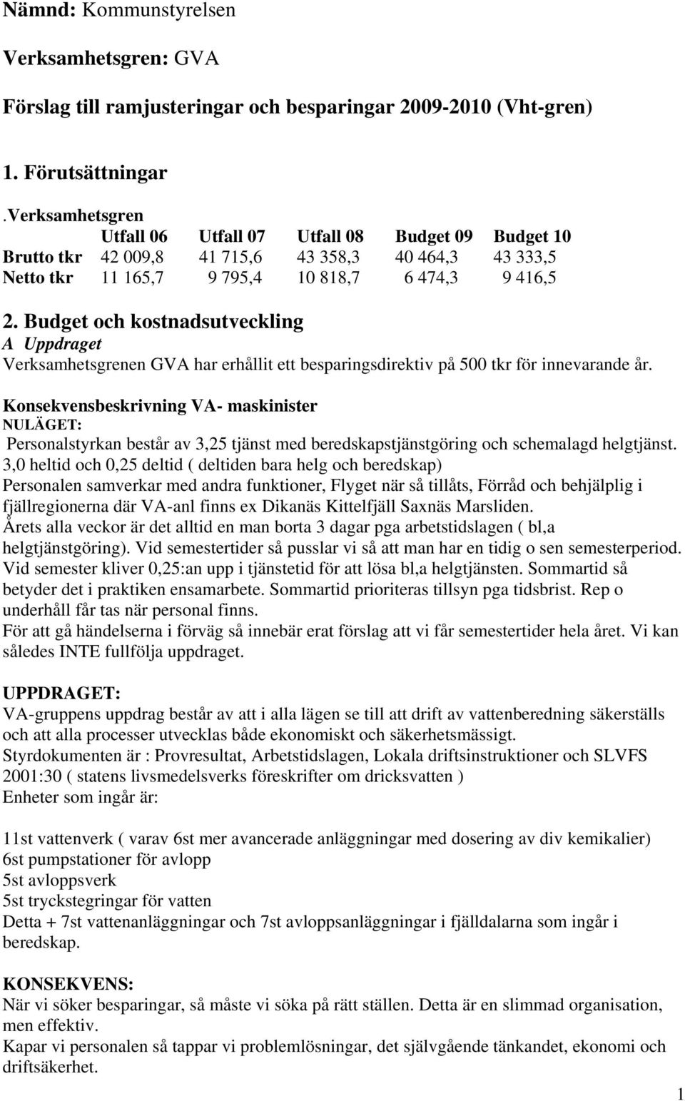 Budget och kostnadsutveckling A Uppdraget Verksamhetsgrenen GVA har erhållit ett besparingsdirektiv på 500 tkr för innevarande år.