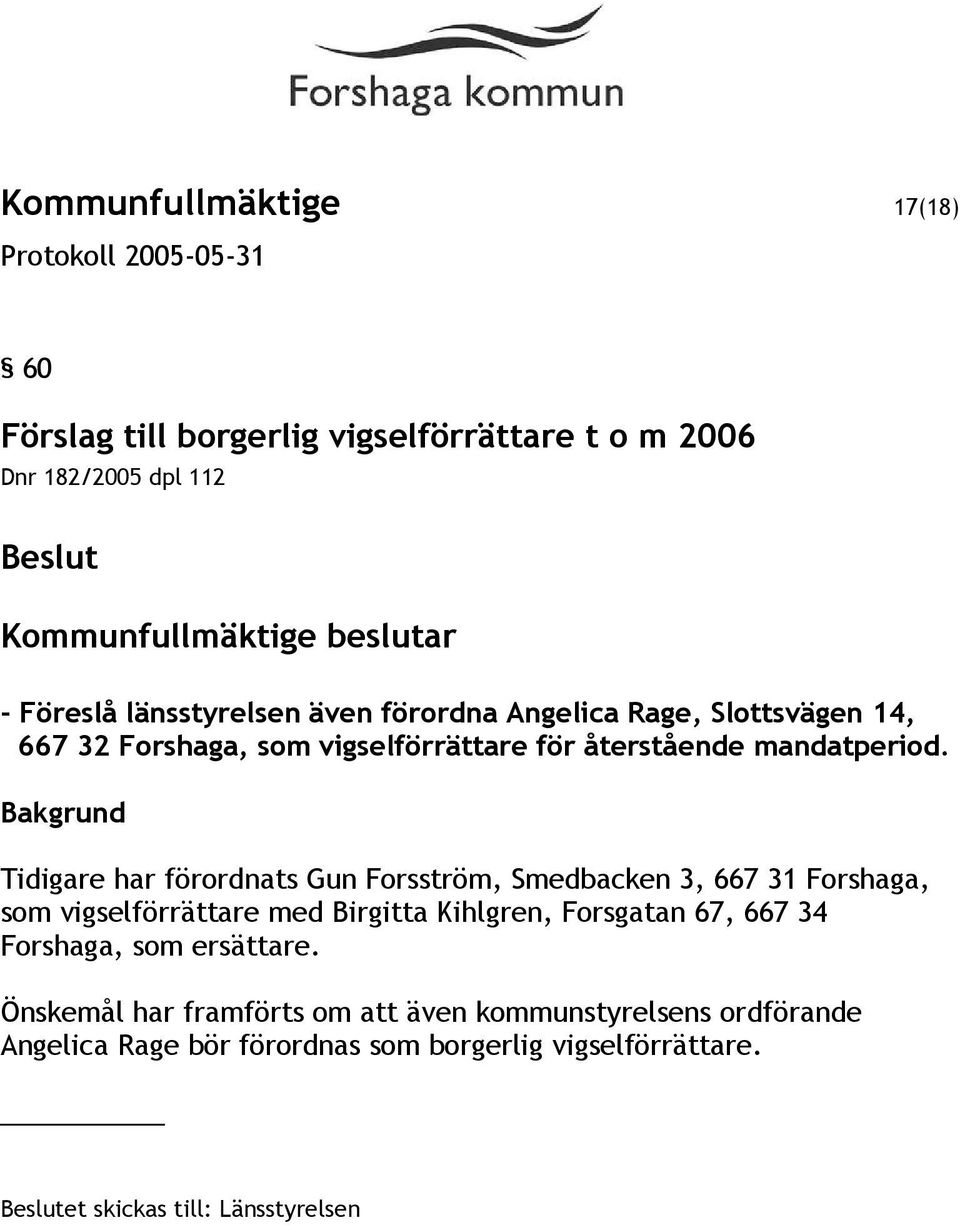 Tidigare har förordnats Gun Forsström, Smedbacken 3, 667 31 Forshaga, som vigselförrättare med Birgitta Kihlgren, Forsgatan 67, 667 34