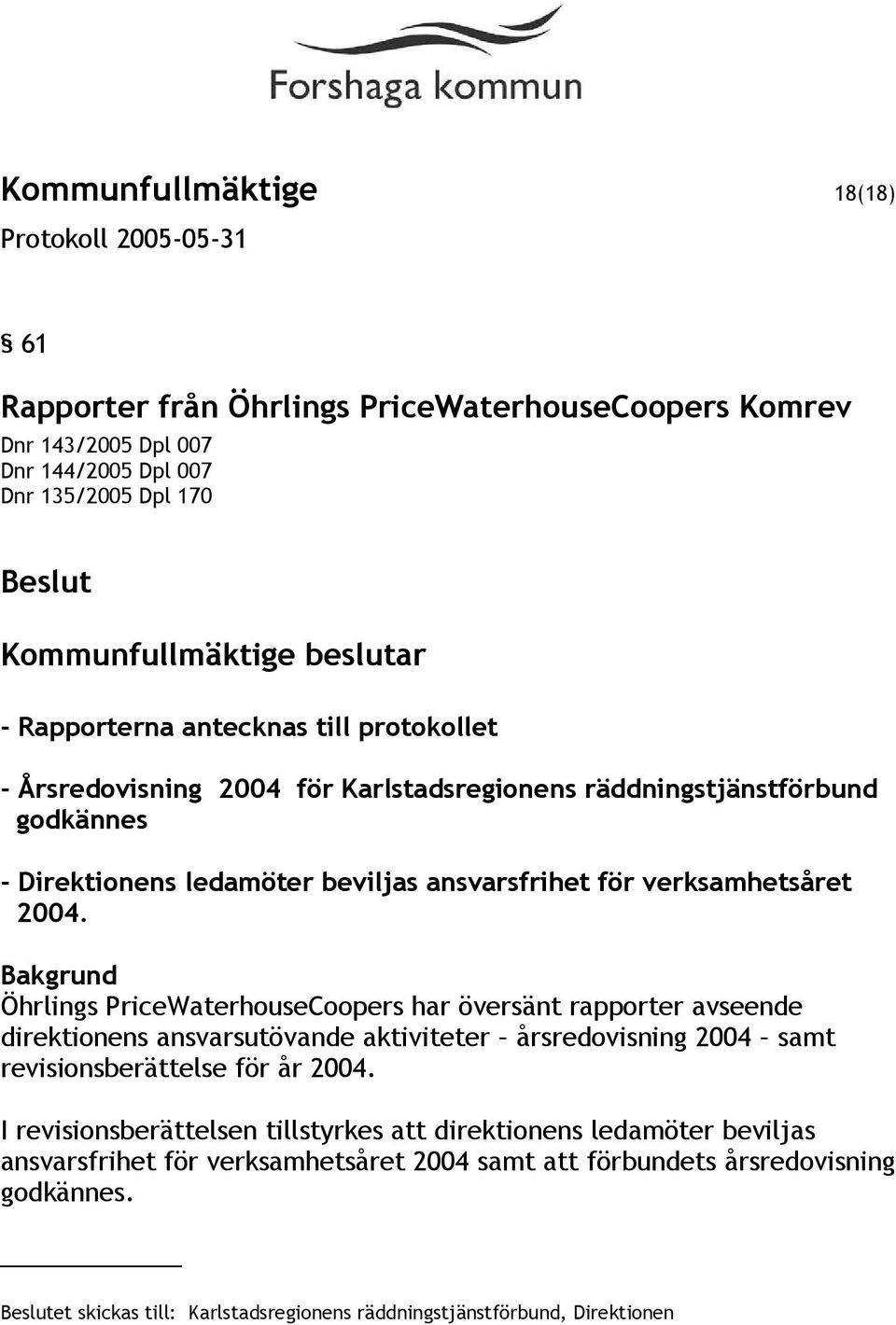 Öhrlings PriceWaterhouseCoopers har översänt rapporter avseende direktionens ansvarsutövande aktiviteter årsredovisning 2004 samt revisionsberättelse för år 2004.