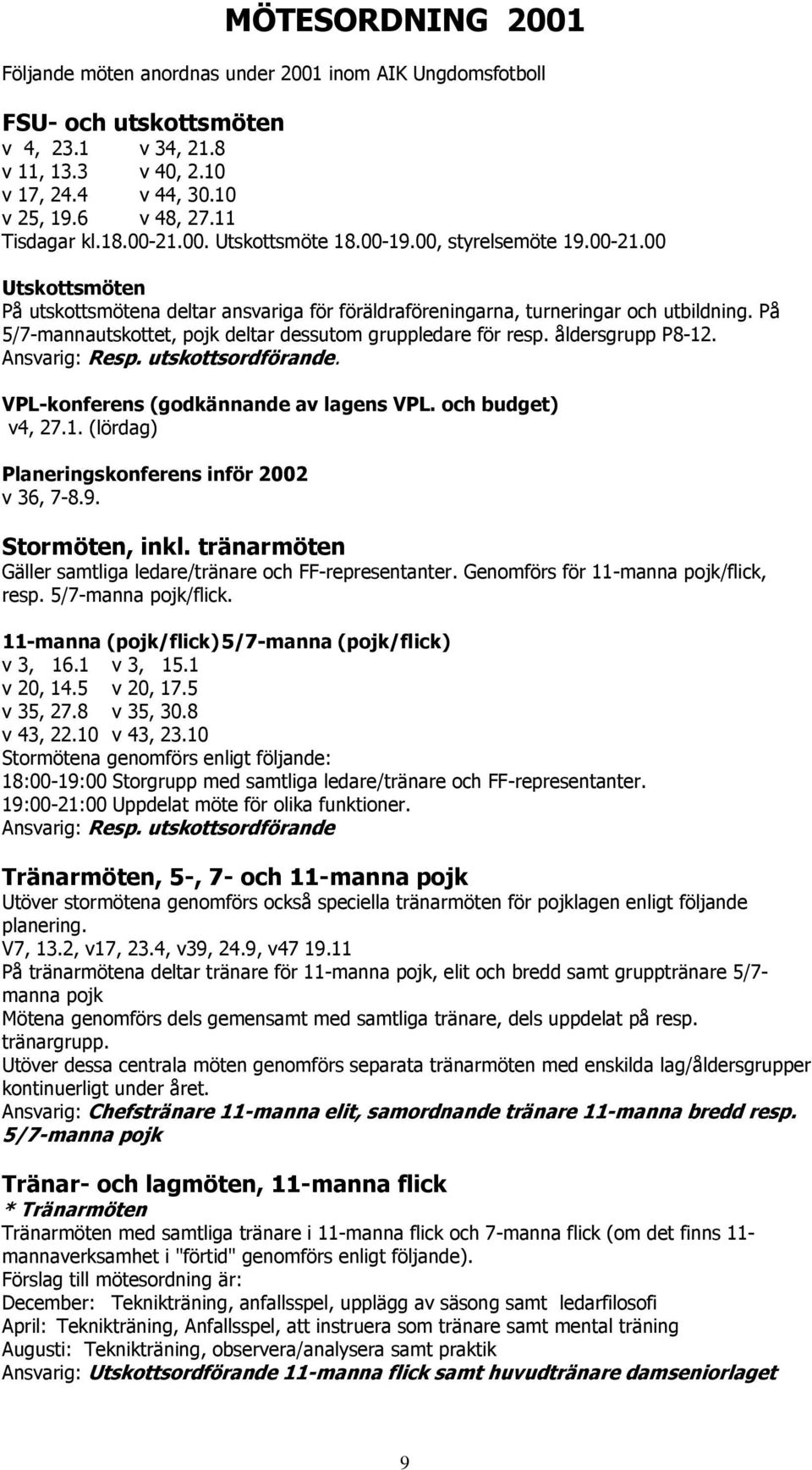 På 5/7-mannautskottet, pojk deltar dessutom gruppledare för resp. åldersgrupp P8-12. Ansvarig: Resp. utskottsordförande. VPL-konferens (godkännande av lagens VPL. och budget) v4, 27.1. (lördag) Planeringskonferens inför 2002 v 36, 7-8.