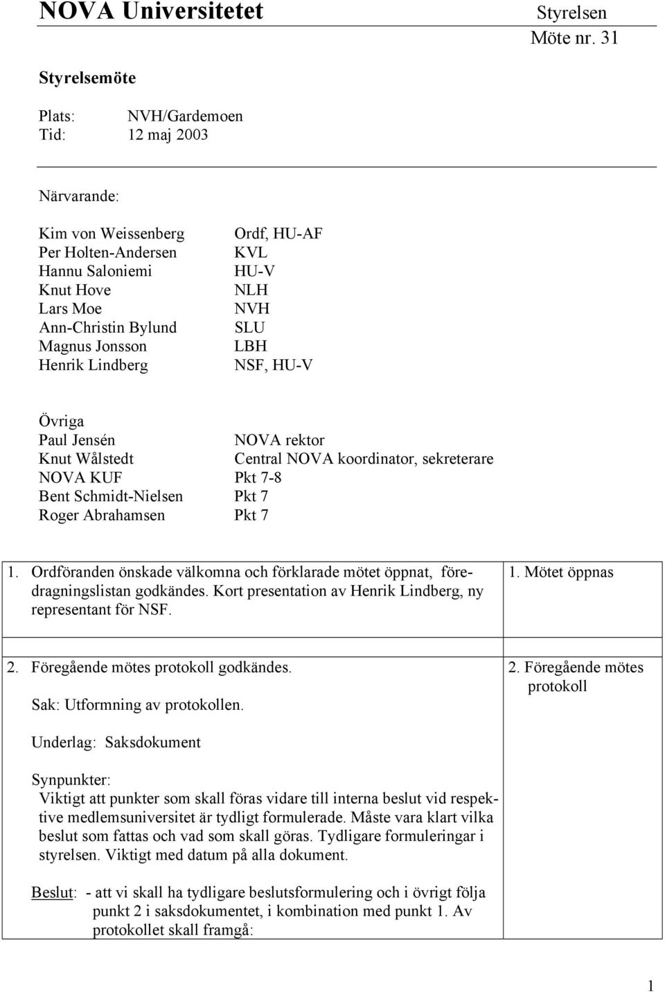 HU-AF KVL HU-V NLH NVH SLU LBH NSF, HU-V Övriga Paul Jensén NOVA rektor Knut Wålstedt Central NOVA koordinator, sekreterare NOVA KUF Pkt 7-8 Bent Schmidt-Nielsen Pkt 7 Roger Abrahamsen Pkt 7 1.