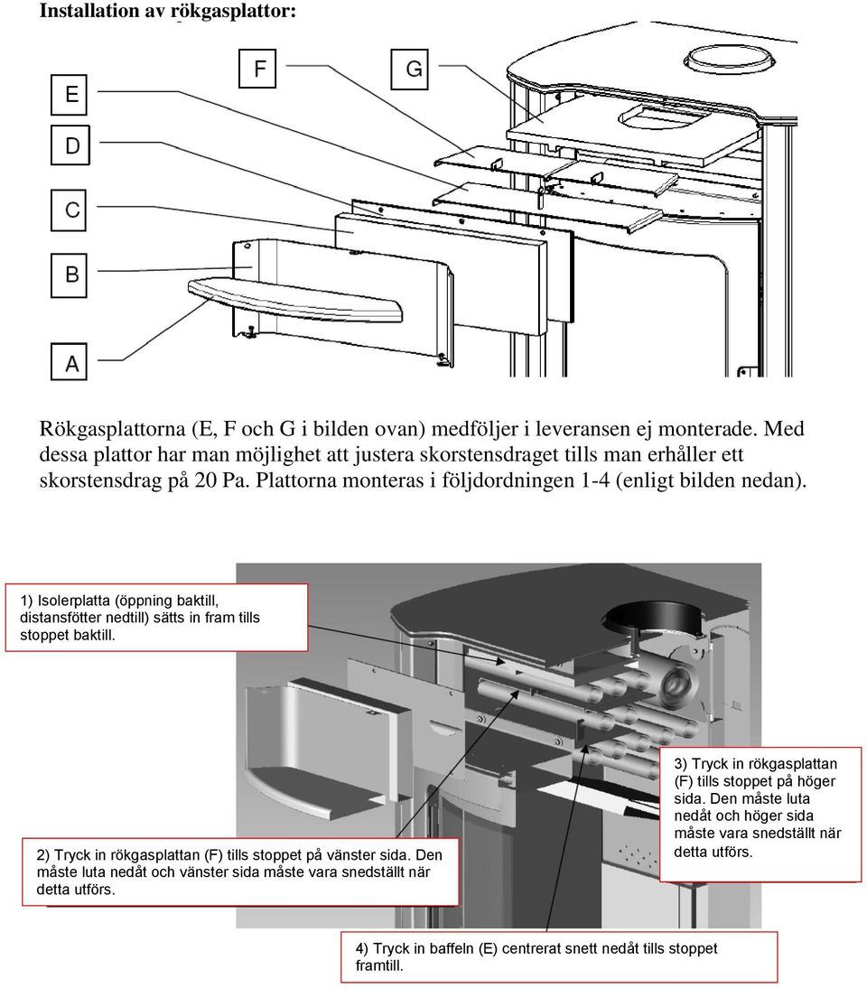 1) Isolerplatta (öppning baktill, distansfötter nedtill) sätts in fram tills stoppet baktill. 2) Tryck in rökgasplattan (F) tills stoppet på vänster sida.