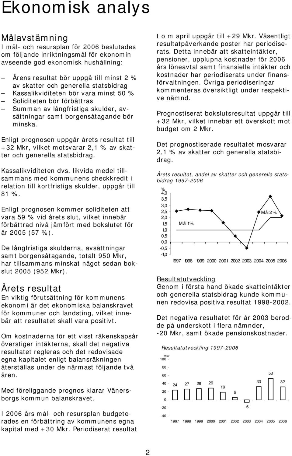 Enligt prognosen uppgår årets resultat till +32 Mkr, vilket motsvarar 2,1 % av skatter och generella statsbidrag. Kassalikviditeten dvs.