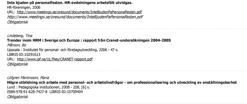pdf Lindeberg, Tina Trender inom HRM i Sverige och Europa : rapport från Cranet-undersökningen 2004-2005 Månson, Bo Uppsala : Institutet för personal- och företagsutveckling, 2006-47