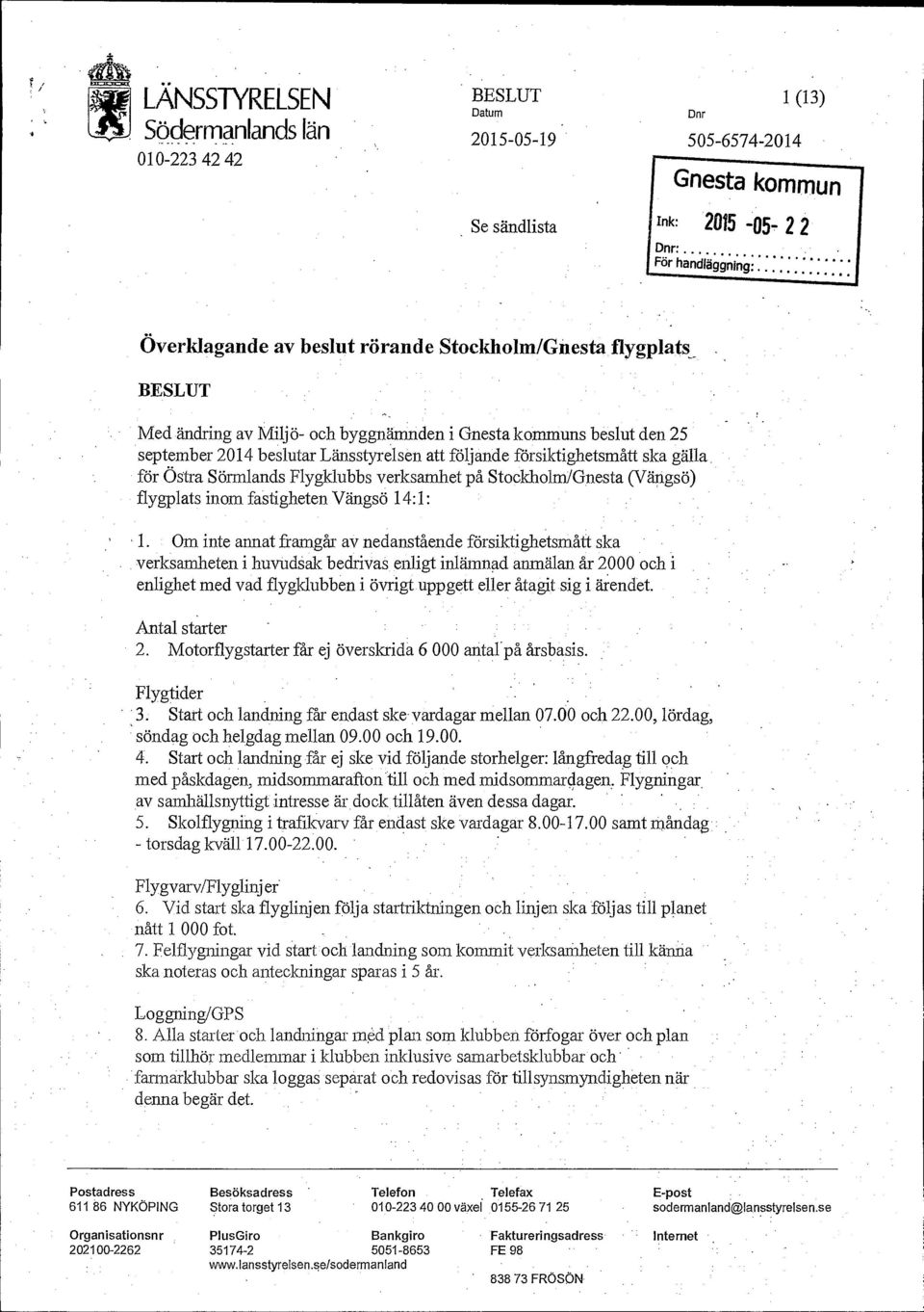 Länsstyrelsen att följande försiktighetsmått ska gälla för Östra Sörmlands Flygklubbs verksamhet på Stockholm/Gnesta (Vängsö) flygplats inom fastigheten Vängsö 14:1: 1.