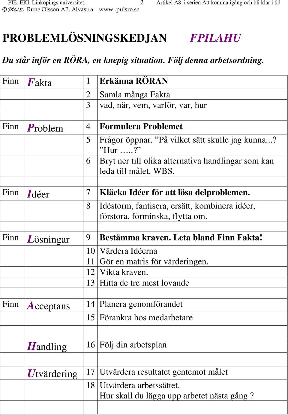 .? 6 Bryt ner till olika alternativa handlingar som kan leda till målet. WBS. Finn Idéer 7 Kläcka Idéer för att lösa delproblemen.