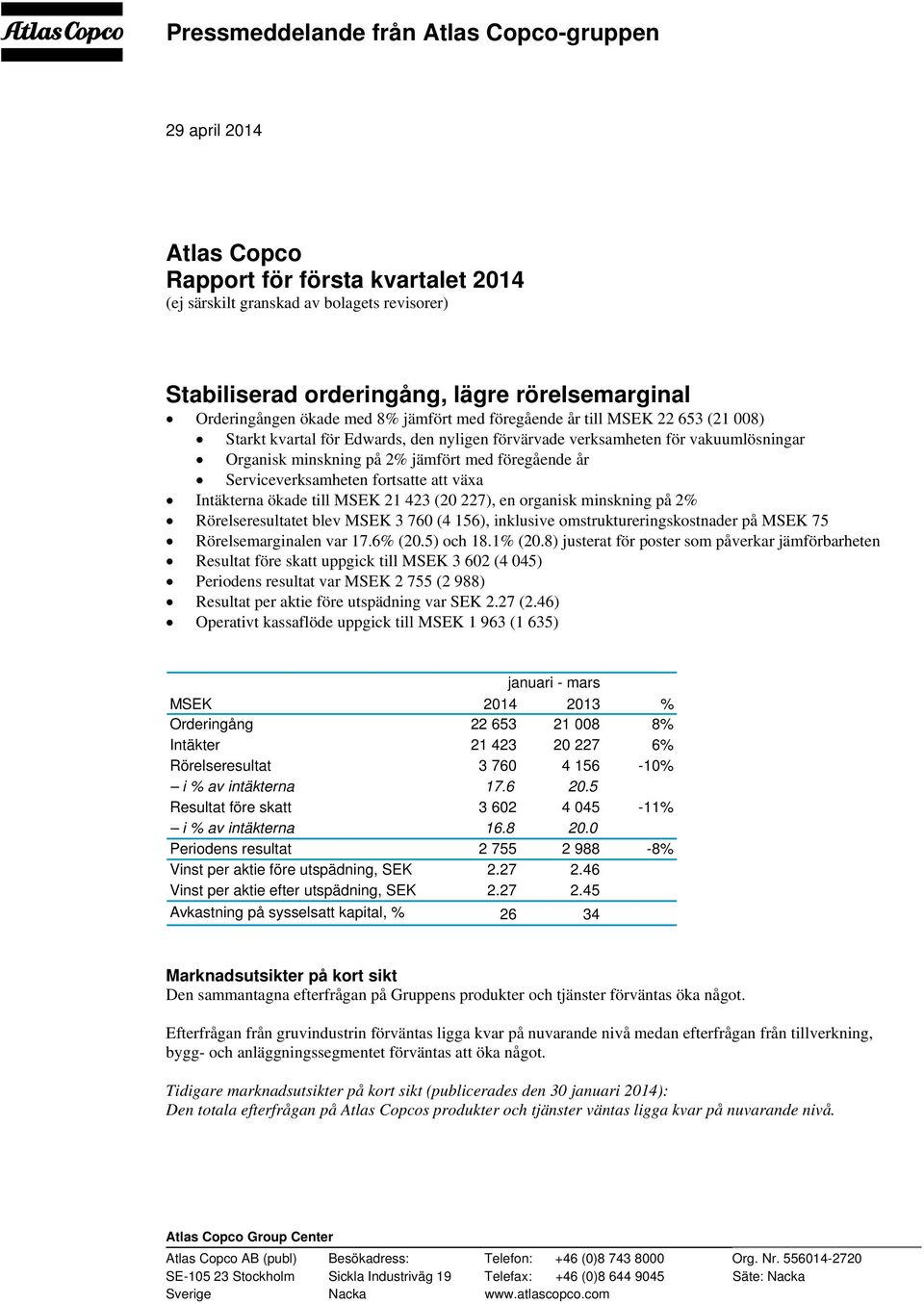 föregående år Serviceverksamheten fortsatte att växa Intäkterna ökade till MSEK 21 423 (20 227), en organisk minskning på 2% Rörelseresultatet blev MSEK 3 760 (4 156), inklusive