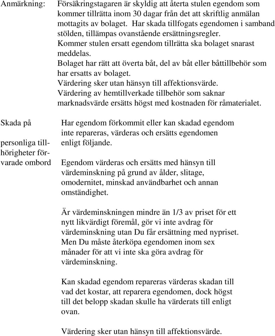 Bolaget har rätt att överta båt, del av båt eller båttillbehör som har ersatts av bolaget. Värdering sker utan hänsyn till affektionsvärde.