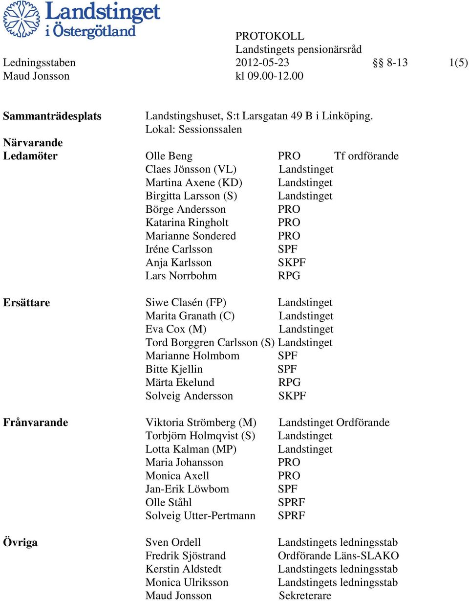 Ringholt PRO Marianne Sondered PRO Iréne Carlsson SPF Anja Karlsson SKPF Lars Norrbohm RPG Ersättare Siwe Clasén (FP) Landstinget Marita Granath (C) Landstinget Eva Cox (M) Landstinget Tord Borggren