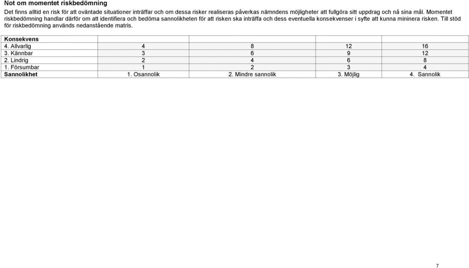 Momentet riskbedömning handlar därför om att identifiera och bedöma sannolikheten för att risken ska inträffa och dess eventuella konsekvenser i