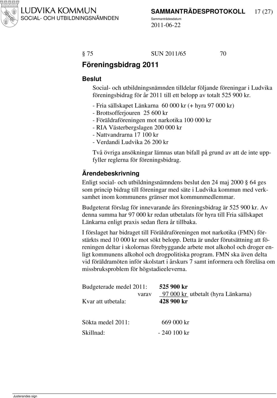 - Fria sällskapet Länkarna 60 000 kr (+ hyra 97 000 kr) - Brottsofferjouren 25 600 kr - Föräldraföreningen mot narkotika 100 000 kr - RIA Västerbergslagen 200 000 kr - Nattvandrarna 17 100 kr -