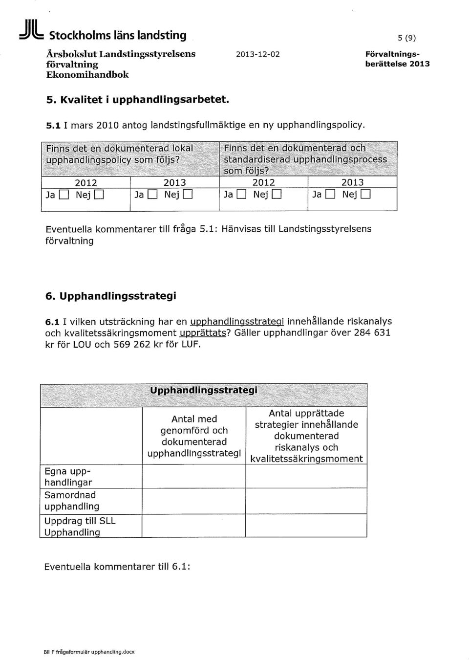 2012 2013 2012 2013 Ja Nej Ja Nej JaD NejD Ja Nej Eventuella kommentarer till fråga 5.1: Hänvisas till Landstingsstyrelsens förvaltning 6. Upphandlingsstrategi 6.