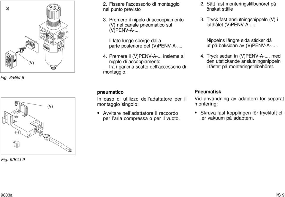 .. insieme al nipplo di accoppiamento fra i ganci a scatto dell accessorio di montaggio. 4. Tryck sedan in (V)PENV-A-..., med den utstickande anslutningsnippeln i fästet på monteringstillbehöret.