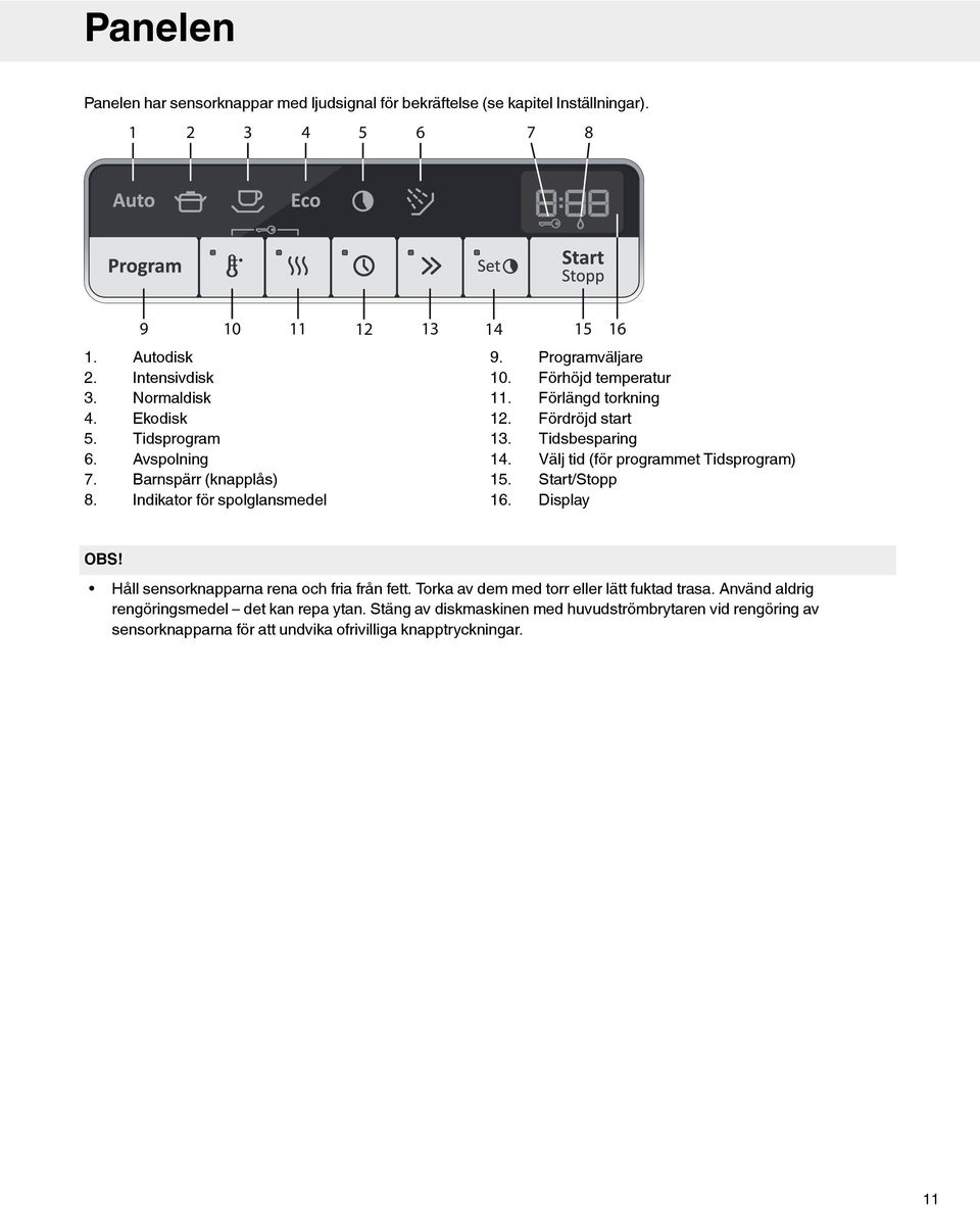 Välj tid (för programmet Tidsprogram) Barnspärr (knapplås) 15. Start/Stopp Indikator för spolglansmedel 16. Display OBS! Håll sensorknapparna rena och fria från fett.