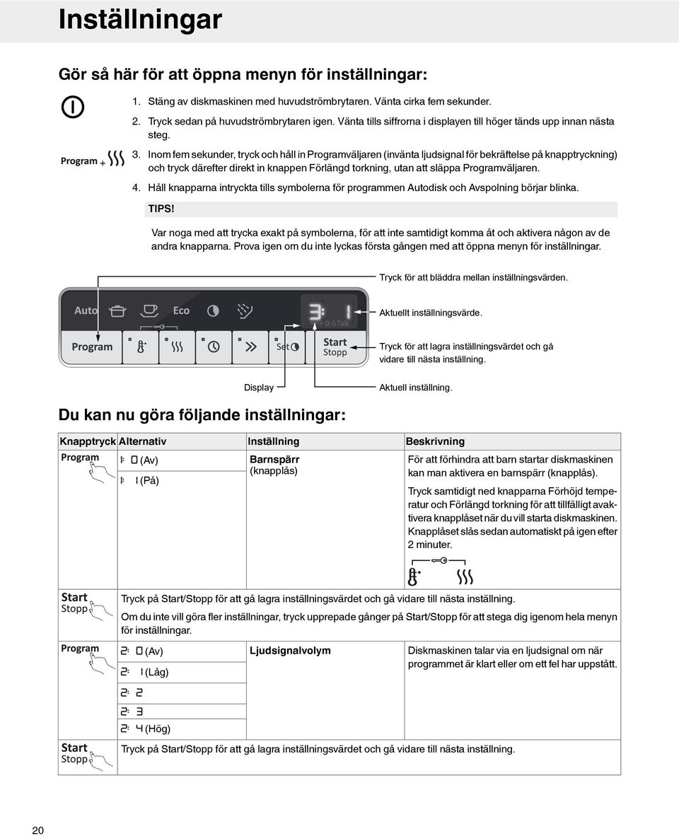 Inom fem sekunder, tryck och håll in Programväljaren (invänta ljudsignal för bekräftelse på knapptryckning) och tryck därefter direkt in knappen Förlängd torkning, utan att släppa Programväljaren.