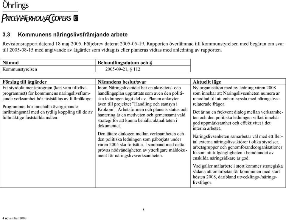 Nämnd Behandlingsdatum och Kommunstyrelsen 2005-09-21, 112 Förslag till åtgärder Nämndens beslut/svar Aktuellt läge Ett styrdokument/program (kan vara tillväxtprogrammet) för kommunens