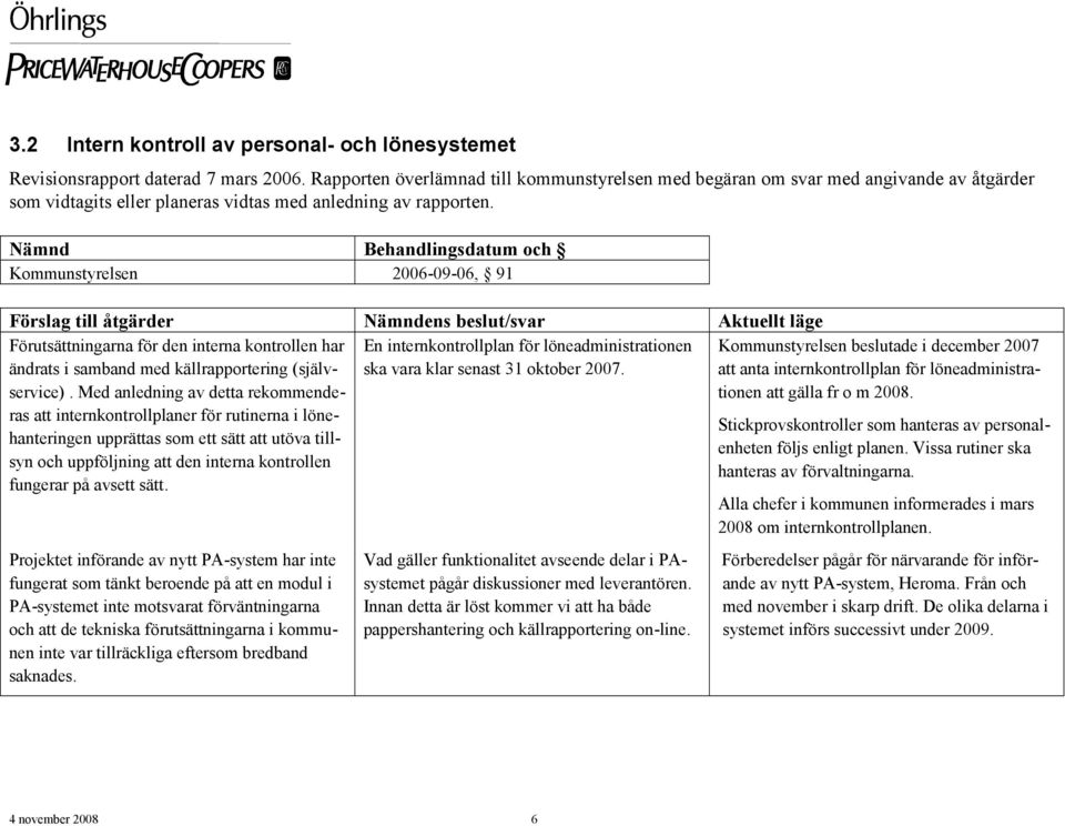 Nämnd Behandlingsdatum och Kommunstyrelsen 2006-09-06, 91 Förslag till åtgärder Nämndens beslut/svar Aktuellt läge Förutsättningarna för den interna kontrollen har ändrats i samband med
