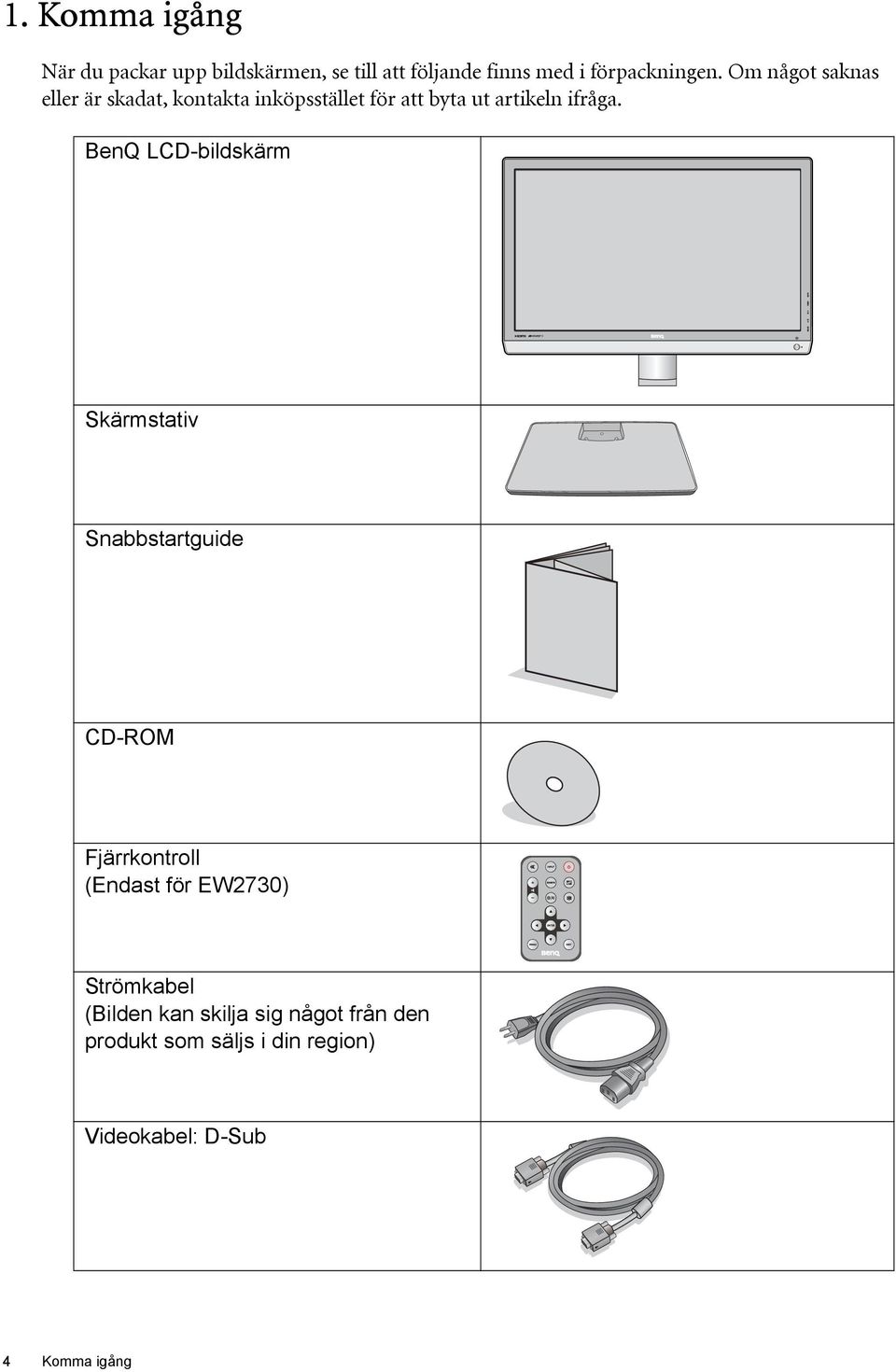 BenQ LCD-bildskärm Skärmstativ Snabbstartguide CD-ROM Fjärrkontroll (Endast för EW2730)