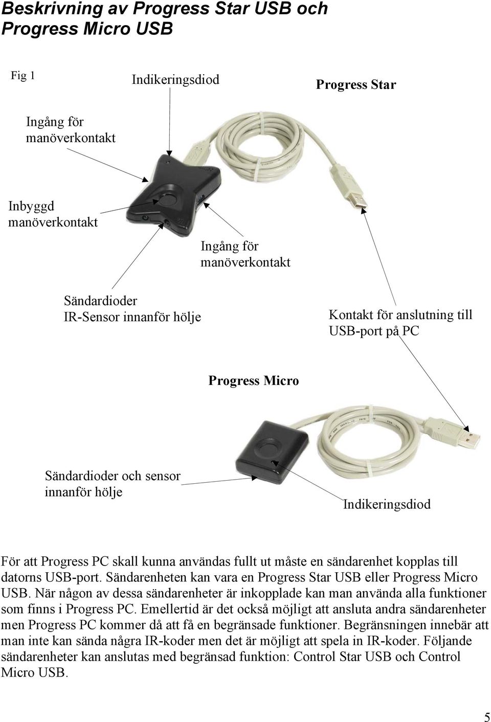 till datorns USB-port. Sändarenheten kan vara en Progress Star USB eller Progress Micro USB. När någon av dessa sändarenheter är inkopplade kan man använda alla funktioner som finns i Progress PC.