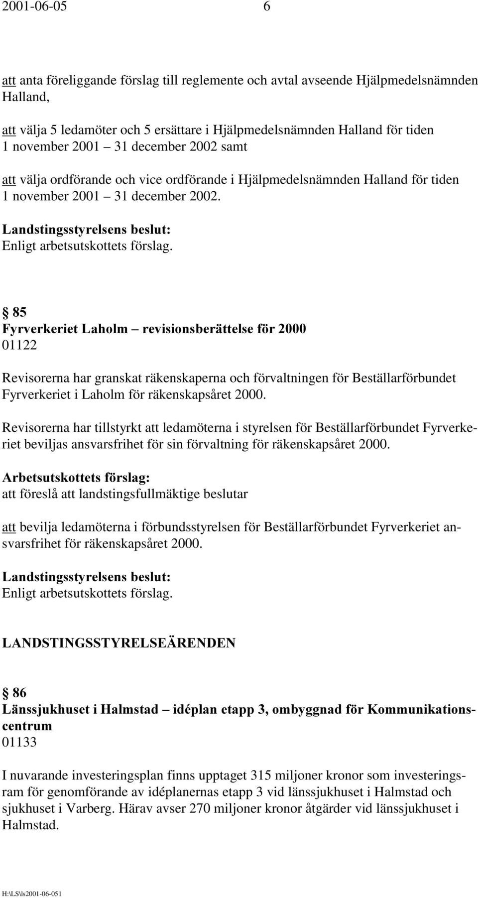 )\UYHUNHULHW/DKROP±UHYLVLRQVEHUlWWHOVHI U 01122 Revisorerna har granskat räkenskaperna och förvaltningen för Beställarförbundet Fyrverkeriet i Laholm för räkenskapsåret 2000.