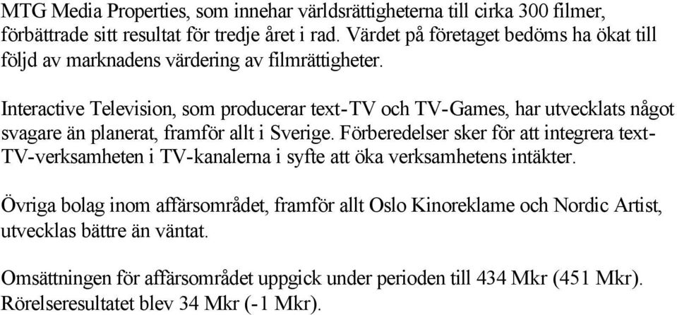 Interactive Television, som producerar text-tv och TV-Games, har utvecklats något svagare än planerat, framför allt i Sverige.